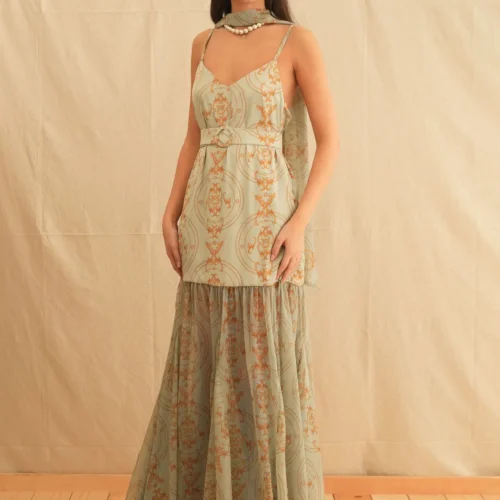 GOLDEN MINT MAXI DRESS WITH BELT & NECK SCARF